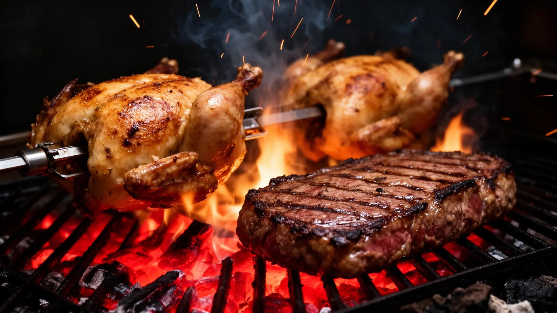 Carne y pollo a la leña sobre brasas encendidas